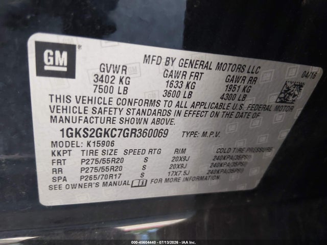 45604440 :رقم المزاد ، 1GKS2GKC7GR360069 vin ، 2016 Gmc Yukon Xl Slt مزاد بيع