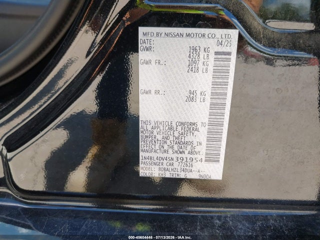 Auction sale of the 2025 Nissan Altima Sv Fwd, vin: 1N4BL4DV4SN391954, lot number: 45604446