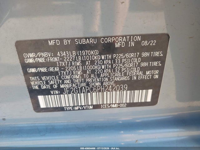 Auction sale of the 2023 Subaru Crosstrek Premium, vin: JF2GTAPC6PH242039, lot number: 45604466