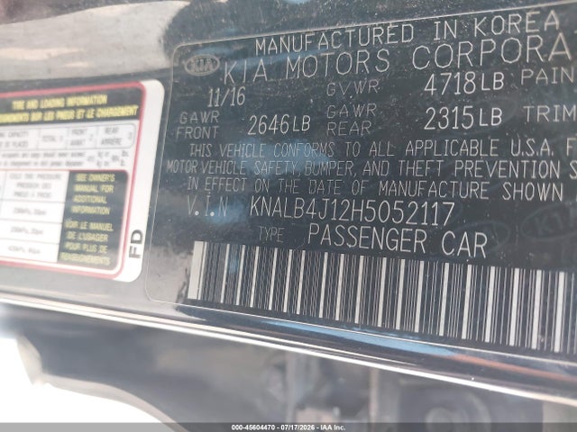 45604470 :رقم المزاد ، KNALB4J12H5052117 vin ، 2017 Kia Cadenza Premium مزاد بيع