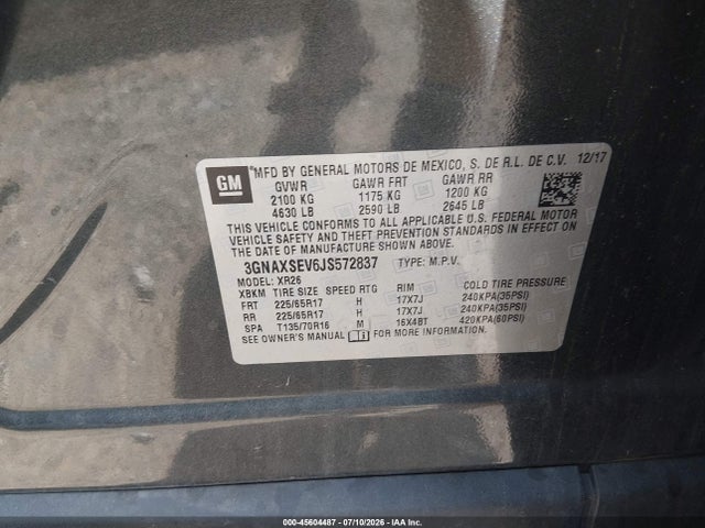 45604487 :رقم المزاد ، 3GNAXSEV6JS572837 vin ، 2018 Chevrolet Equinox Lt مزاد بيع