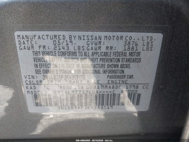 Продаж на аукціоні авто 2019 Nissan Sentra Sr, vin: 3N1AB7AP3KY353119, номер лоту: 45604505