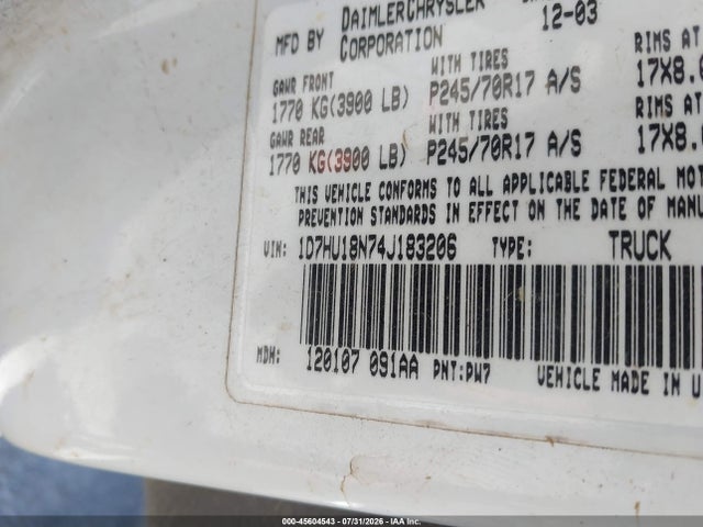 45604543 :رقم المزاد ، 1D7HU18N74J183206 vin ، 2004 Dodge Ram 1500 St مزاد بيع