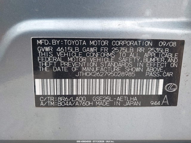 Aukcja sprzedaży 2009 Lexus Is 250, vin: JTHCK262795028985, numer aukcji: 45604558