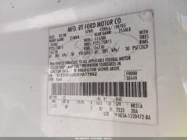 Aukcja sprzedaży 2008 Ford Ranger Xl/xlt, vin: 1FTYR10D08PA77892, numer aukcji: 45604574
