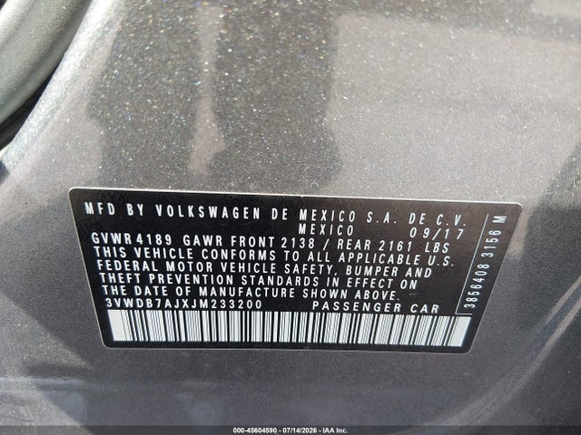 2018 Volkswagen Jetta 1.4t Se/1.4t Wolfsburg Edition მანქანა იყიდება აუქციონზე, vin: 3VWDB7AJXJM233200, აუქციონის ნომერი: 45604590