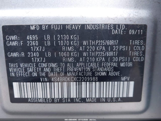 45604595 :رقم المزاد ، 4S4BRDKCXC2209988 vin ، 2012 Subaru Outback 3.6r Limited مزاد بيع