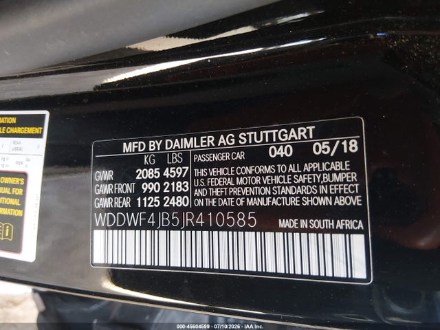 45604599 :رقم المزاد ، WDDWF4JB5JR410585 vin ، 2018 Mercedes-benz C 300 مزاد بيع