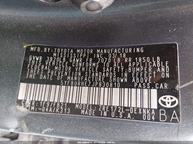 Toyota COROLLA LE 2018 5YFBURHE7JP830810 Image 9