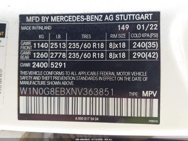 45604620 :رقم المزاد ، W1N0G8EBXNV363851 vin ، 2022 Mercedes-benz Glc 300 4matic Suv مزاد بيع