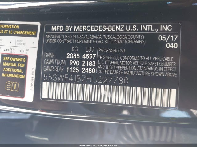 Aukcja sprzedaży 2017 Mercedes-benz C 300, vin: 55SWF4JB7HU227780, numer aukcji: 45604626