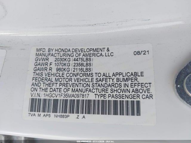 45604630 :رقم المزاد ، 1HGCV1F35MA097817 vin ، 2021 Honda Accord Sport مزاد بيع