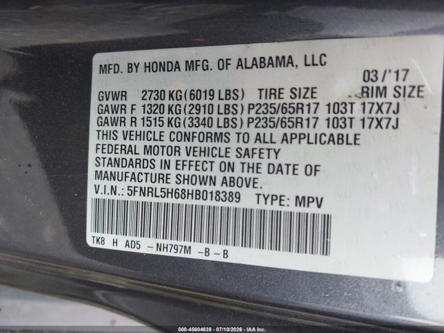 2017 Honda Odyssey Ex-l მანქანა იყიდება აუქციონზე, vin: 5FNRL5H68HB018389, აუქციონის ნომერი: 45604638