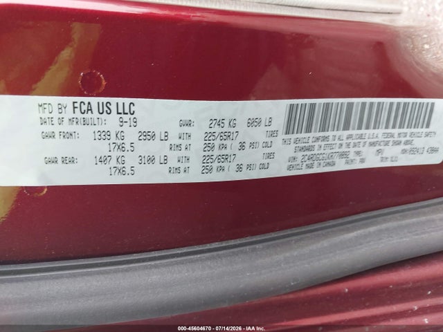 Aukcja sprzedaży 2019 Dodge Grand Caravan Sxt, vin: 2C4RDGCG1KR770892, numer aukcji: 45604670