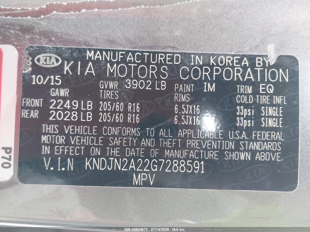 Aukcja sprzedaży 2016 Kia Soul, vin: KNDJN2A22G7288591, numer aukcji: 45604673