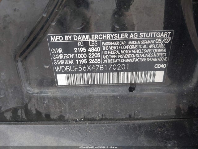 Aukcja sprzedaży 2007 Mercedes-benz E 350, vin: WDBUF56X47B170201, numer aukcji: 45604682