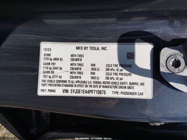 Aukcja sprzedaży 2023 Tesla Model 3 Rear-wheel Drive, vin: 5YJ3E1EA4PF710875, numer aukcji: 45604694