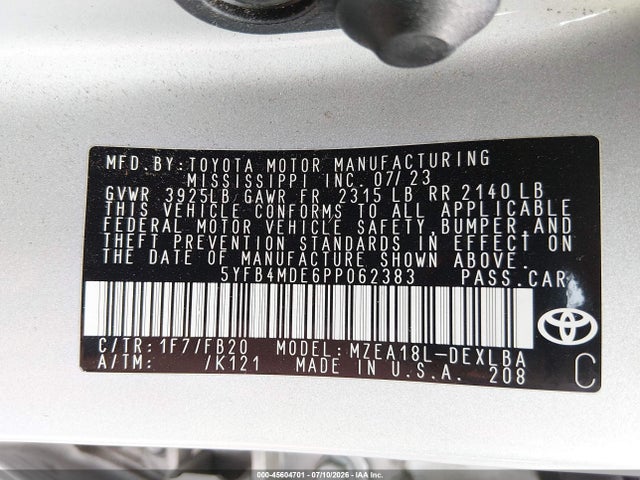 45604701 :رقم المزاد ، 5YFB4MDE6PP062383 vin ، 2023 Toyota Corolla Le مزاد بيع