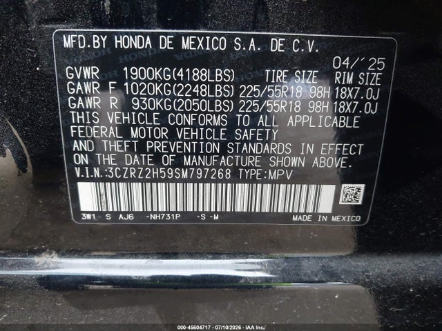 45604717 :رقم المزاد ، 3CZRZ2H59SM797268 vin ، 2025 Honda Hr-v Awd Sport مزاد بيع
