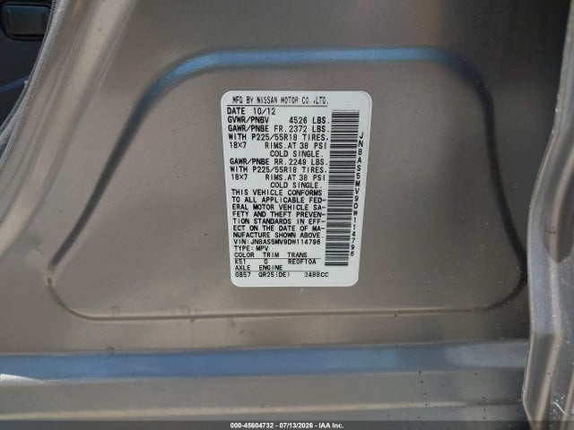 Продаж на аукціоні авто 2013 Nissan Rogue Sv W/sl Pkg, vin: JN8AS5MV9DW114796, номер лоту: 45604732
