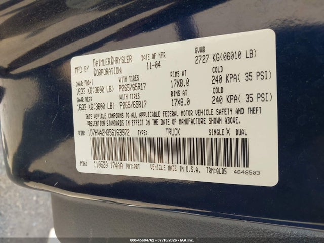 Auction sale of the 2005 Dodge Dakota Slt, vin: 1D7HW42N35S163972, lot number: 45604762
