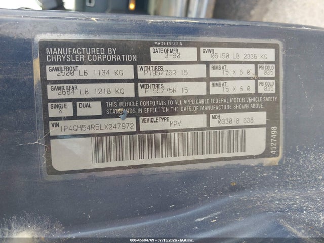 Продаж на аукціоні авто 1990 Plymouth Grand Voyager Le, vin: 1P4GH54R5LX247972, номер лоту: 45604769