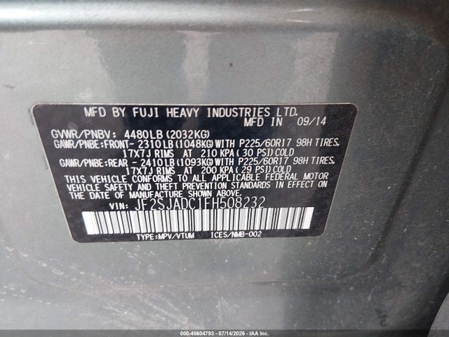 Aukcja sprzedaży 2015 Subaru Forester 2.5i Premium, vin: JF2SJADC1FH508232, numer aukcji: 45604793