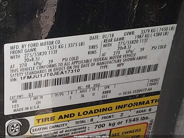 45604795 :رقم المزاد ، 1FMJU1JT0JEA17310 vin ، 2018 Ford Expedition Xlt مزاد بيع