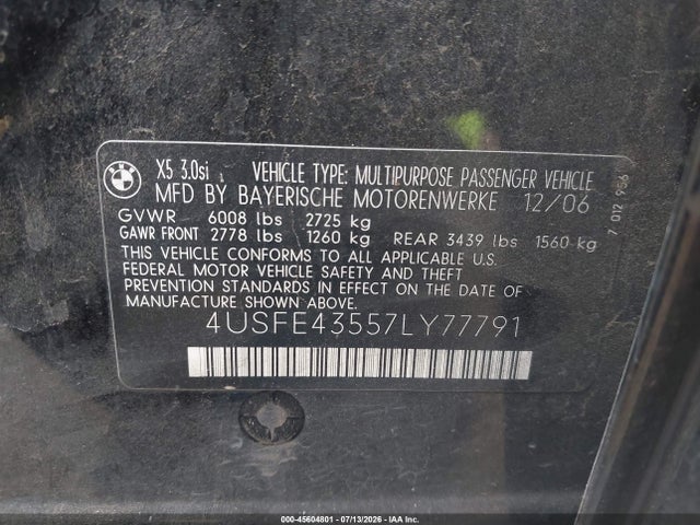 Продаж на аукціоні авто 2007 Bmw X5 3.0si, vin: 4USFE43557LY77791, номер лоту: 45604801