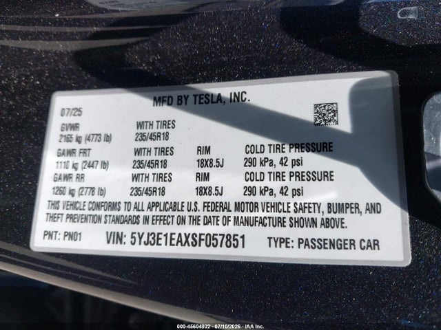Продажа на аукционе авто 2025 Tesla Model 3 Long Range Rear-wheel Drive/standard Rear-wheel Drive, vin: 5YJ3E1EAXSF057851, номер лота: 45604802