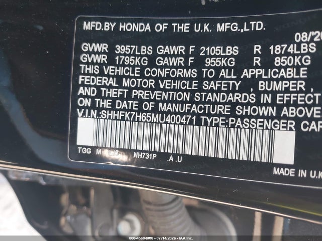Aukcja sprzedaży 2021 Honda Civic Ex, vin: SHHFK7H65MU400471, numer aukcji: 45604808