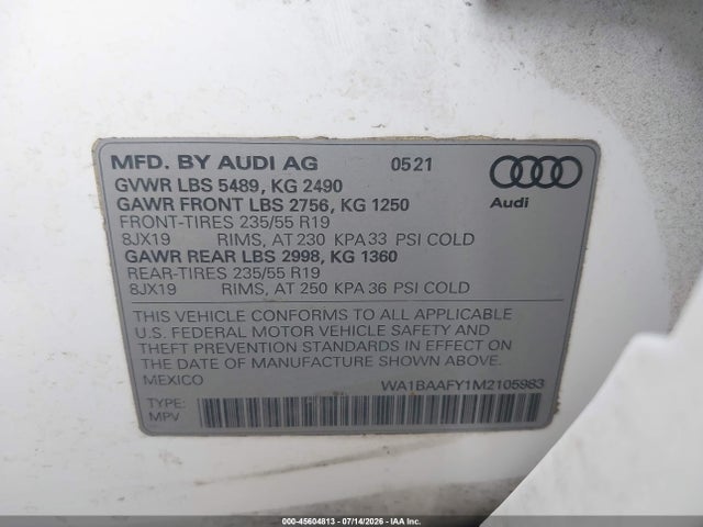 WA1BAAFY1M2105983 Audi Q5 Premium Plus 45 Tfsi Quattro S Tronic