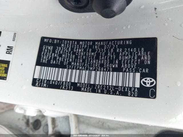45604856 :رقم المزاد ، 5YFEPMAE2MP268479 vin ، 2021 Toyota Corolla Le مزاد بيع