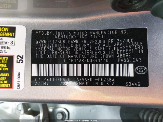 Toyota CAMRY SE 2022 4T1G11AK3NU641110 Image 9