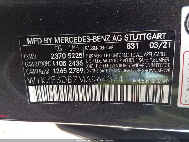45604865 :رقم المزاد ، W1KZF8DB7MA964374 vin ، 2021 Mercedes-benz E 350 مزاد بيع