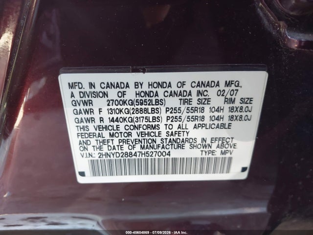 45604869 :رقم المزاد ، 2HNYD28847H527004 vin ، 2007 Acura Mdx Sport Package مزاد بيع