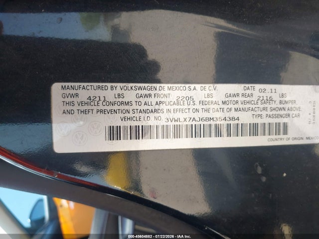 Aukcja sprzedaży 2011 Volkswagen Jetta 2.5l Sel, vin: 3VWLX7AJ6BM354384, numer aukcji: 45604882