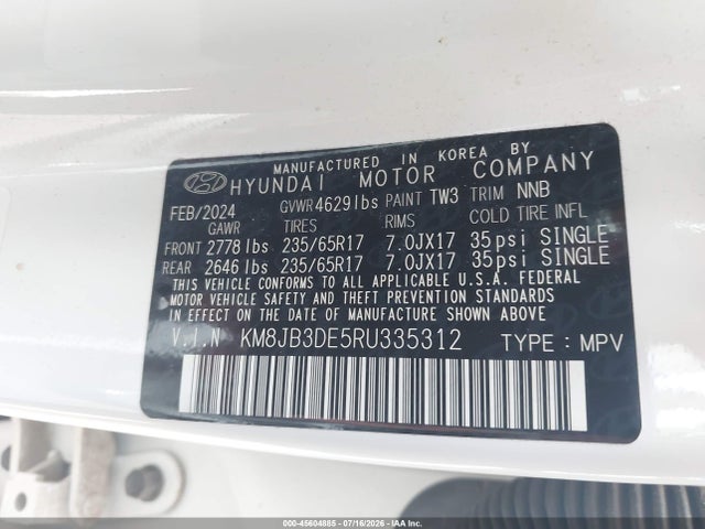 Aukcja sprzedaży 2024 Hyundai Tucson Sel, vin: KM8JB3DE5RU335312, numer aukcji: 45604885