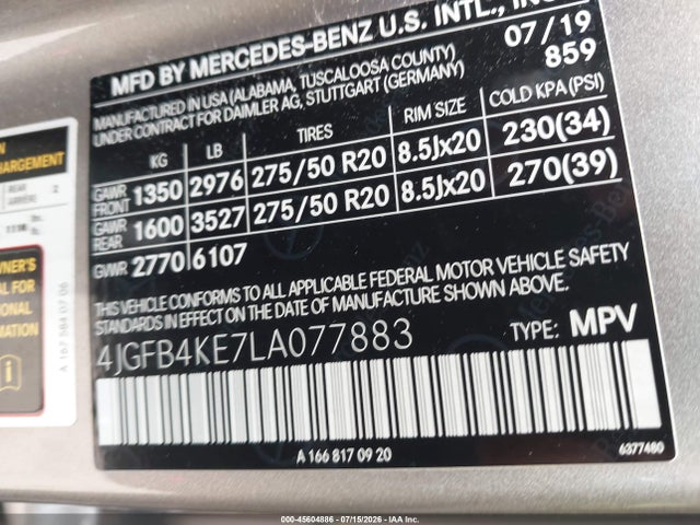 45604886 :رقم المزاد ، 4JGFB4KE7LA077883 vin ، 2020 Mercedes-benz Gle 350 4matic مزاد بيع