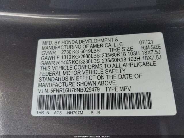 5FNRL6H76NB029479 Honda Odyssey Ex-l