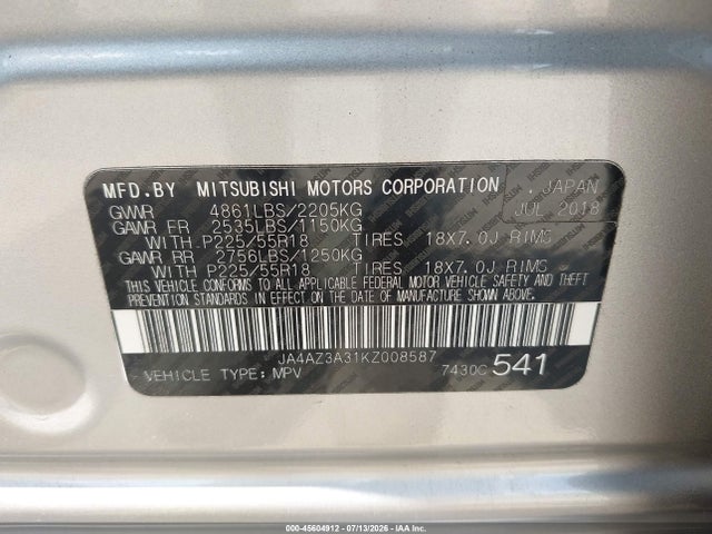 Aukcja sprzedaży 2019 Mitsubishi Outlander Se, vin: JA4AZ3A31KZ008587, numer aukcji: 45604912