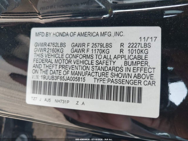 45604926 :رقم المزاد ، 19UUB3F65JA005815 vin ، 2018 Acura Tlx Tech   A-spec Pkgs مزاد بيع