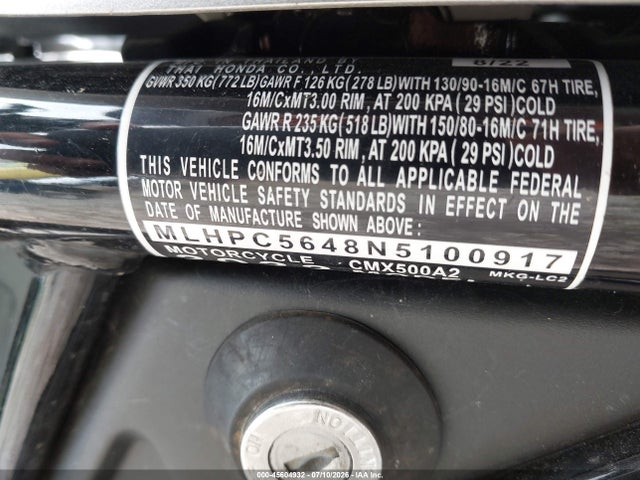 Aukcja sprzedaży 2022 Honda Cmx500 A2, vin: MLHPC5648N5100917, numer aukcji: 45604932