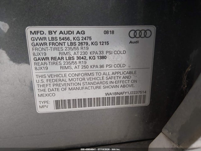 Audi Q5 2.0t Premium/2.0t Tech Premium 2018 WA1BNAFY1J2237514 Image 9