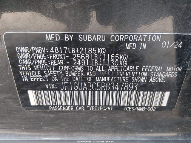 45604945 :رقم المزاد ، JF1GUABC5R8347893 vin ، 2024 Subaru Impreza Base 5-door مزاد بيع
