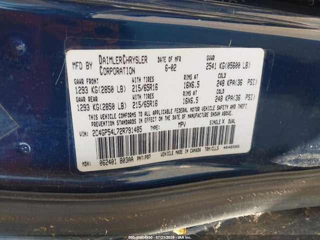 Aukcja sprzedaży 2002 Chrysler Town & Country Lxi, vin: 2C4GP54L72R791485, numer aukcji: 45604950