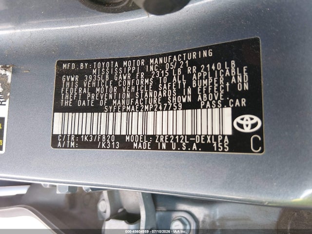 45604959 :رقم المزاد ، 5YFEPMAE2MP247759 vin ، 2021 Toyota Corolla Le مزاد بيع