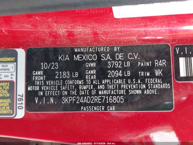 Aukcja sprzedaży 2024 Kia Forte Lxs, vin: 3KPF24AD2RE716805, numer aukcji: 45604962