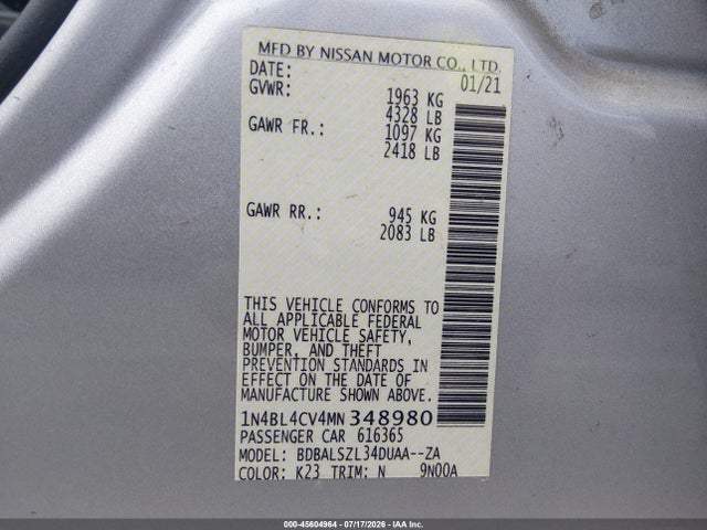 1N4BL4CV4MN348980 Nissan Altima Sr Fwd