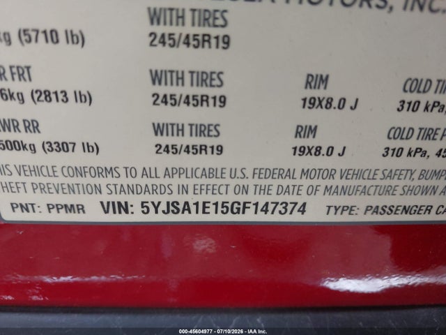 Продажа на аукционе авто 2016 Tesla Model S 60/70/75/85, vin: 5YJSA1E15GF147374, номер лота: 45604977